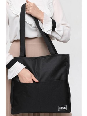 Dzc Kuzenler Avm Kadın Siyah Yumuşak Bez Kumaş Kol ve Omuz Çantası Büyük Boy Ağzı Fermuarlı Kadın Çanta