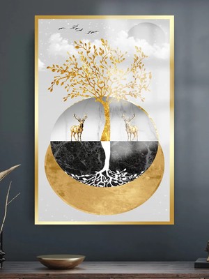 Taulart Gold Detaylı Geyik Harika Tasarım  Kırılmaz Cam Tablo 4mm Ev Iş Yeri Ofis Hediyesi Tablo