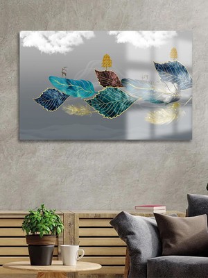 Taulart Gold Detaylı Ağaç Yaprağı Tasarımı  Kırılmaz Cam Tablo 4mm Ev Iş Yeri Ofis Hediyesi Tablo