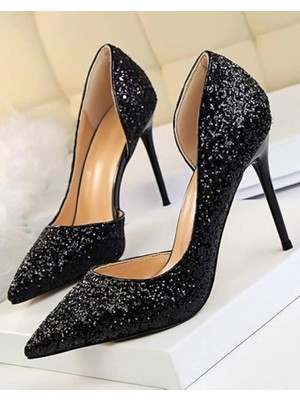 Trendy Anka Lady Siyah Kristal Taşlı Cam Kırığı 8 cm Ince Topuklu Düğün Nişan Gece Abiye Ayakkabı