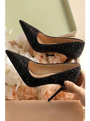 Trendy Anka Lady Siyah Kristal Taşlı Cam Kırığı 8 cm Ince Topuklu Düğün Nişan Gece Abiye Ayakkabı
