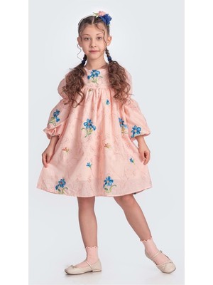 Mnk Baby & Kids Otantik Akdeniz Çiçek Nakışkız Çocuk Müslin Elbise M00706