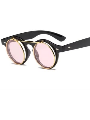 Yuvarlak Steam Punk Çift Lens Yukarı Açılır Pencere Pembe Güneş Gözlüğü