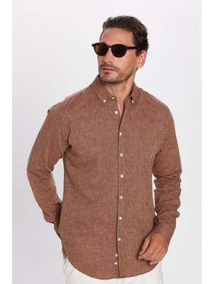 Erkek Slim Fit Dar Kesim Uzun Kollu Keten Premium Seri Düğmeli Yaka Spor Kahverengi Gömlek