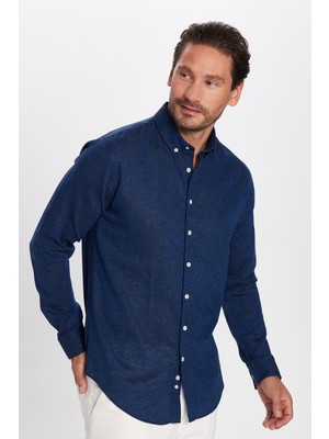 Erkek Slim Fit Dar Kesim Uzun Kollu Keten Premium Seri Düğmeli Yaka Spor Indigo Gömlek