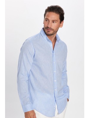 Erkek Slim Fit Dar Kesim Uzun Kollu Keten Premium Seri Düğmeli Yaka Spor Mavi Gömlek