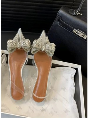 Trendy Anka Lady Princess Gümüş Nude 2cm Şeffaf Topuklu Kristal Fiyonk Taşlı Babet Düğün Nişan Abiye Ayakkabı