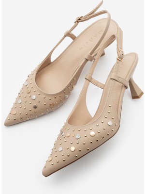 Marjin Kadın Stiletto Sivri Burun Zımbalı Troklu Arkası Açık Topuklu Ayakkabı Rofen