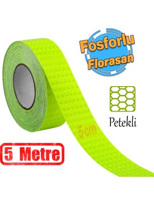 Yapışkanlı 5 Metre Florasan Şerit Bant Gece Parlayan Reflektörlü 5 cm Fosforlu Reflektif Ikaz Bandı