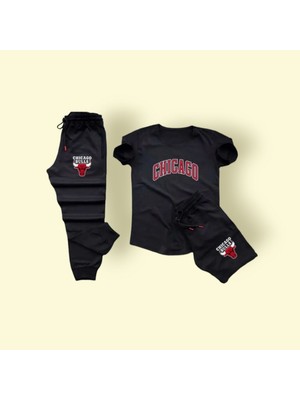 Yoho Sport Chicago Baskılı Ünisex Yazlık Şort T-Shirt Eşofman Altı 3 Lü Set Combin Takım Gri