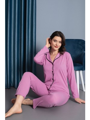 Merry Secrets Kadın %100 Pamuk Uzun Kol Önden Düğmeli Pijama Takım