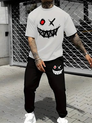 Yoho Sport Oversize Gülen Yüz Baskılı Original Ünisex Yazlık T-Shirt ve Eşofman Altı 2 Li Set Combin Takım