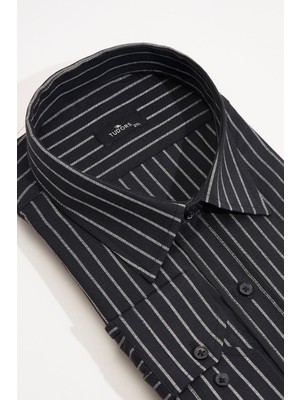 Erkek Big Size Büyük Beden Kravatlık Yaka Çizgili Tek Cepli Mavi Gömlek