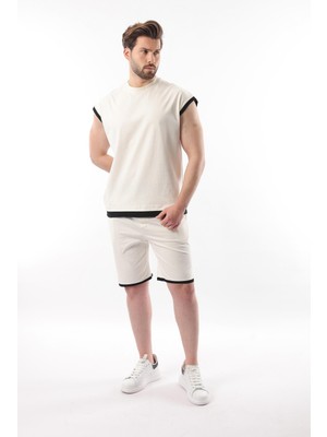 Ekru Sıfır Kol Erkek Şort T-Shirt Takım E7308