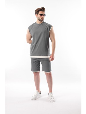 Füme  Sıfır Kol Erkek Şort T-Shirt Takım E7308