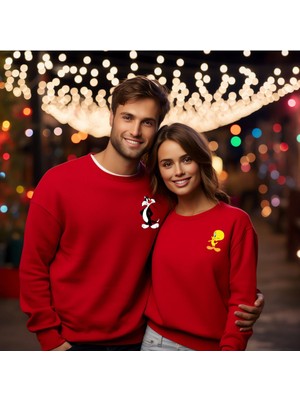 Sweatshirt Sevgili Combin Sylvester & Tweety Baskılı Pamuklu Kalın ve Yumuşak Ürün Şardonlu 2'li Set