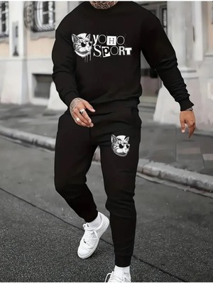 Eşofman Takımı Kedi Baskılı Ünisex Kışlık Kalın Sweatshirt ve Eşofman Altı 2 Li Set Combin Takım