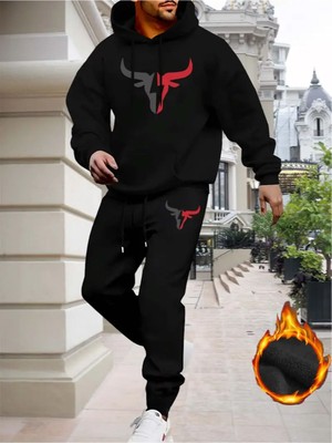 Eşofman Takımı Kapşonlu Boğa  Baskılı Şardonlu ve Pamuklu Yumuşak Kalın Ürün 2'li Set Combin