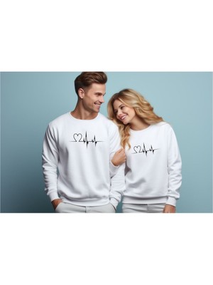 Sweatshirt Sevgili Combin Kalp Nabız Baskılı Pamuklu Kalın ve Yumuşak Ürün Içi Şardonlu 2 'li Set