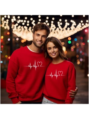 Sweatshirt Sevgili Combin Kalp Nabız Baskılı Pamuklu Kalın ve Yumuşak Ürün Içi Şardonlu 2 'li Set