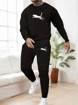 Eşofman Takımı  Leopar Baskılı Unisex Kışlık Kalın Pamuklu Sweatshirt ve Eşofman Altı 2' Li Set