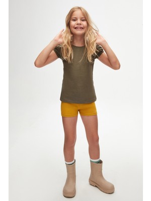 Kamuflaj Yeşil Basic Kız Çocuk Sıfır Yaka Karpuz Kol Tişört
