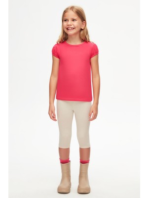 Fuşya Basic Kız Çocuk Sıfır Yaka Karpuz Kol Tişört