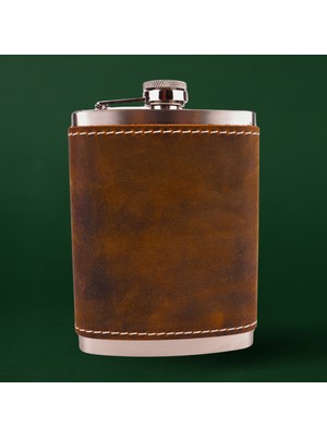 Perlotus 8 Oz 240 cc Fındık Kahverengi Crazy Deri Kılıflı El Yapımı Çelik Viski Cep Matarası