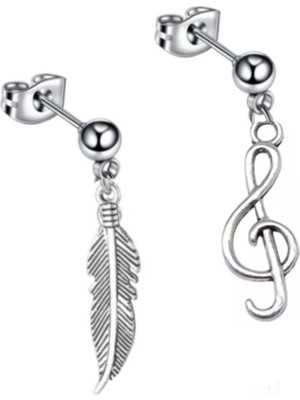 Takıconcept Sol Anahtarı ve Tüy Sallantılı 2 Adet Çelik Top Küpe