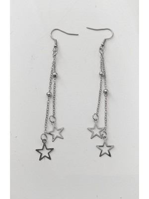 Takıconcept Gümüş Renk Yıldız Motifli Çift Top Zincirli Sallantılı Uzun Küpe