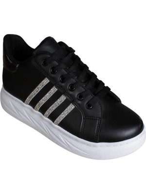 Modalendo Yazkış Kadın Siyah Beyaz Cilt Yanı Taşlı Kalın Taban Fasıhon Günlük Spor Ayakkabı