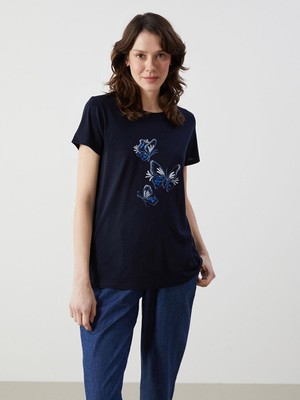 Lcwaıkıkı Classic Bisiklet Yaka Baskılı Penye Kadın Tişört