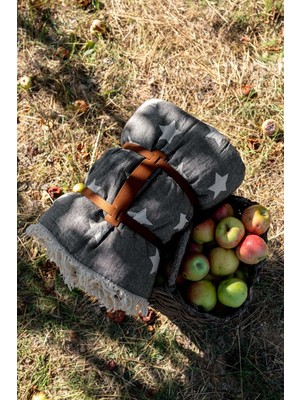 Barine Taşıma Kemerli Peluş Kaplı Çift Yüzlü Yıldız Jakarlı Koltuk Şalı / Battaniye Siyah