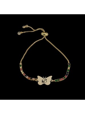 Archin Kelebek Figürlü 14  Ayar Altın Plakalı  Harf Desenli Renkli Taşlı Bileklik