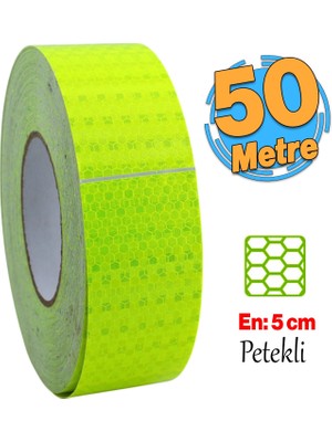 Yapışkanlı 50 mt Florasan Şerit Bant Gece Parlayan Reflektörlü 5 cm Fosforlu Reflektif Ikaz Bandı
