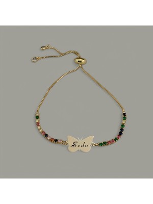 Archin Kelebek Figürlü 14  Ayar Altın Plakalı İsim Desenli Renkli Taşlı Bileklik