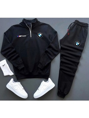 Yoho Sport Unisex Bmw Baskılı Yarım Fermuarlı Sweatshirt Eşofman Altı Takım Bmw Baskılı
