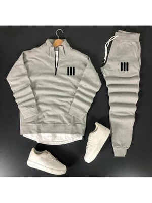 Yoho Sport Unisex Üç Çizgi Baskılı Yarım Fermuarlı Sweatshirt-Eşofman Altı Set Kombin