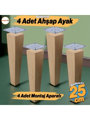 Badem10 Ahşap Ayak 4 Adet 25 cm Kare Bağlantı Aparatı Dahil Mobilya Koltuk Kanepe Sehpa Masa Ayağı Ayakları