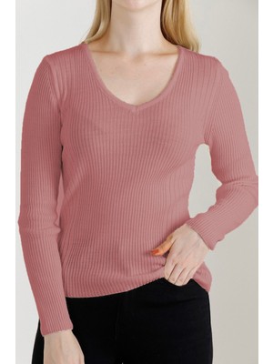 Vegenze Kadın Gül Kurusu V Yaka Triko Kazak