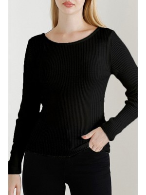 Vegenze Kadın Siyah Kayık Yaka Triko Kazak