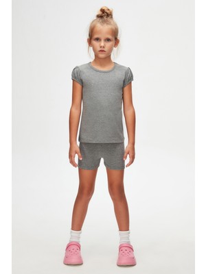 Buz Gri Basic Kız Çocuk Sıfır Yaka Karpuz Kol Tişört