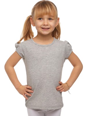 Açık Gri Basic Kız Çocuk Sıfır Yaka Karpuz Kol Tişört