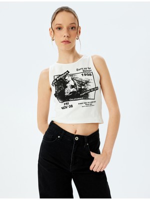 Koton Baskılı Crop Slim Fit Bisiklet Yaka Kolsuz Atlet