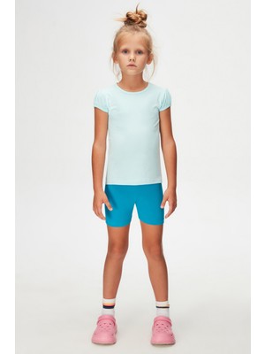 Uçuk Turkuaz Basic Kız Çocuk Sıfır Yaka Karpuz Kol Tişört
