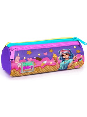 Coral High Kids Lila Turkuaz Dondurma ve Anime Desenli Üç Bölmeli Kalem Çantası 22089