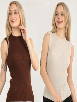 Vegenze Kadın Bej-Kahverengi Kendinden Yakalı Sıfır Kol Fitilli Esnek Triko Kazak