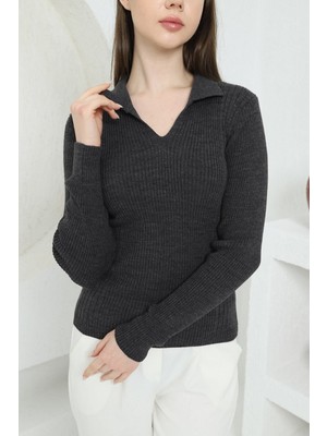 Vegenze Kadın Antrasit Polo V Yaka Triko Kazak