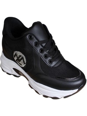 Yaz Kış Ayakkabı Yazkış Kadın Siyah Beyaz Parlak Kumaş Taşlı 8cm Içten Gizli Topuk Fashıon Günlük Spor Ayakkabı