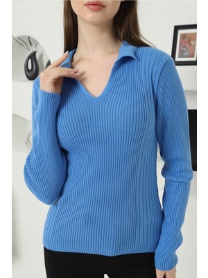 Vegenze Kadın Mavi Polo V Yaka Triko Kazak